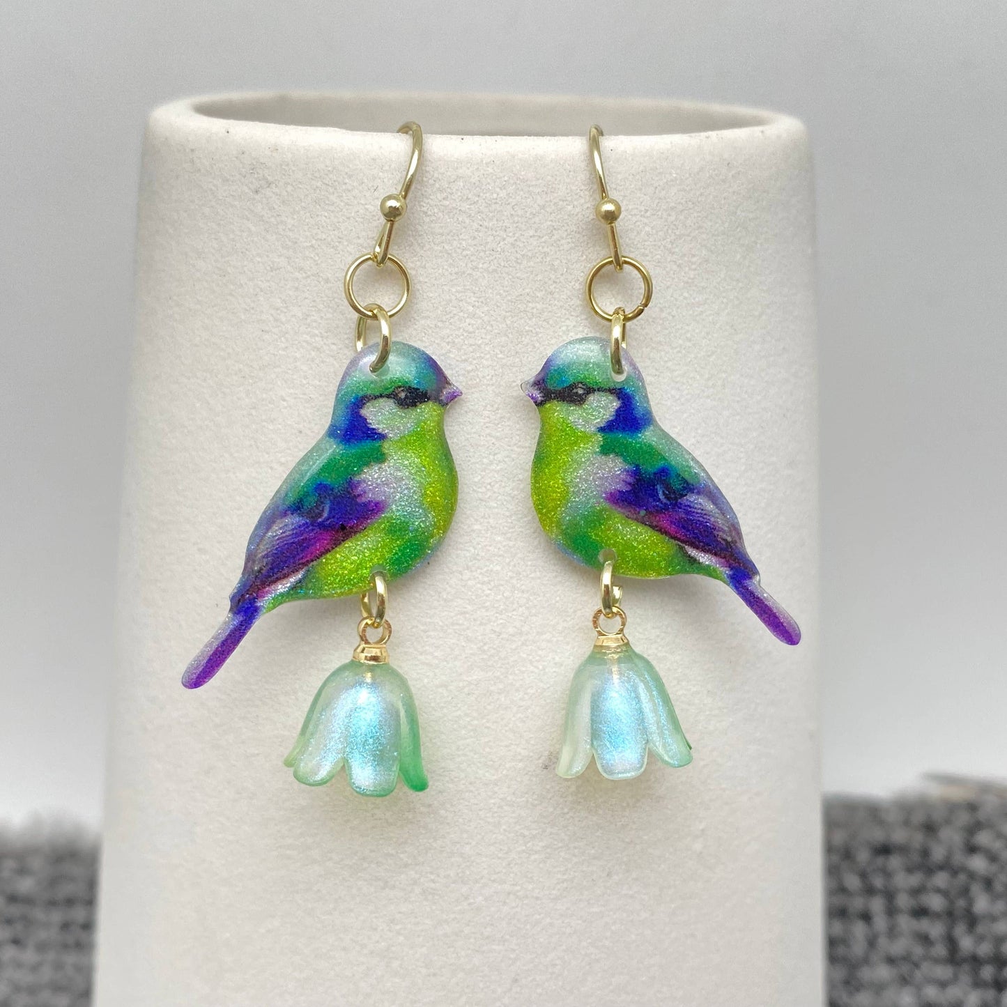 Resin Birds Picking Flowers Dangle Earrings