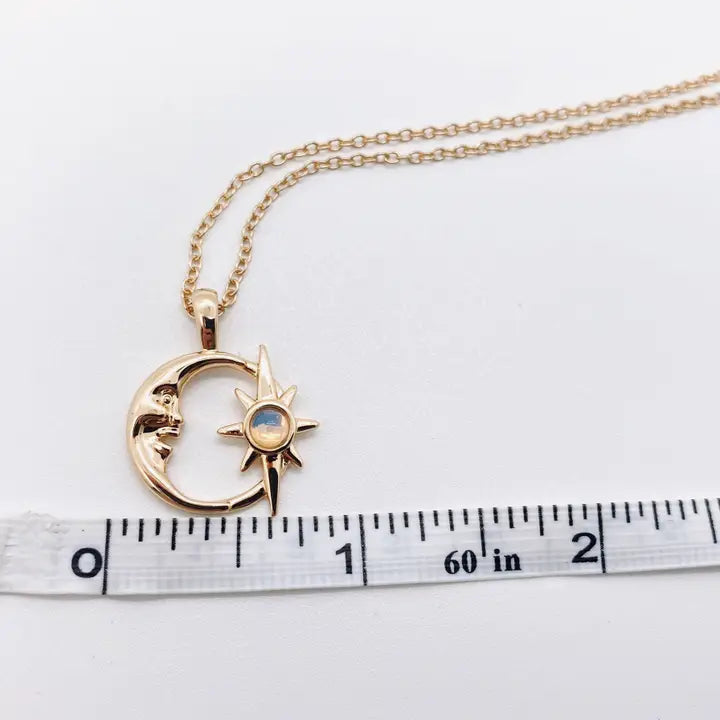 Hollow Star Moon Inlaid Opal Gold Necklace