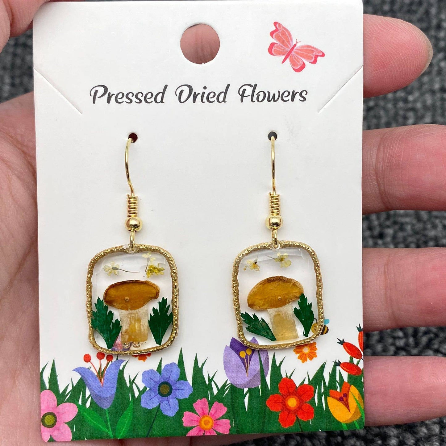 Pressed Mushroom and Flower Charm Dangle Earrings