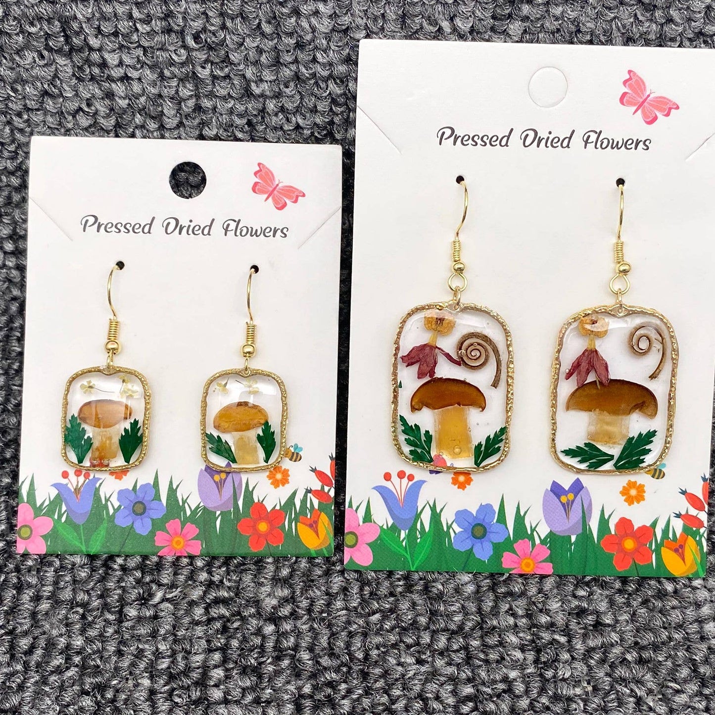 Pressed Mushroom and Flower Charm Dangle Earrings