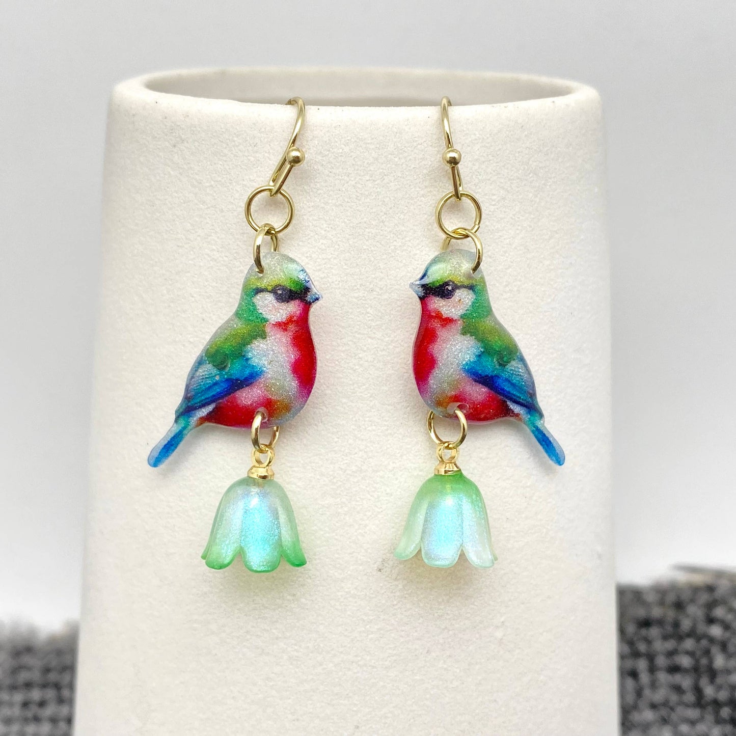 Resin Birds Picking Flowers Dangle Earrings