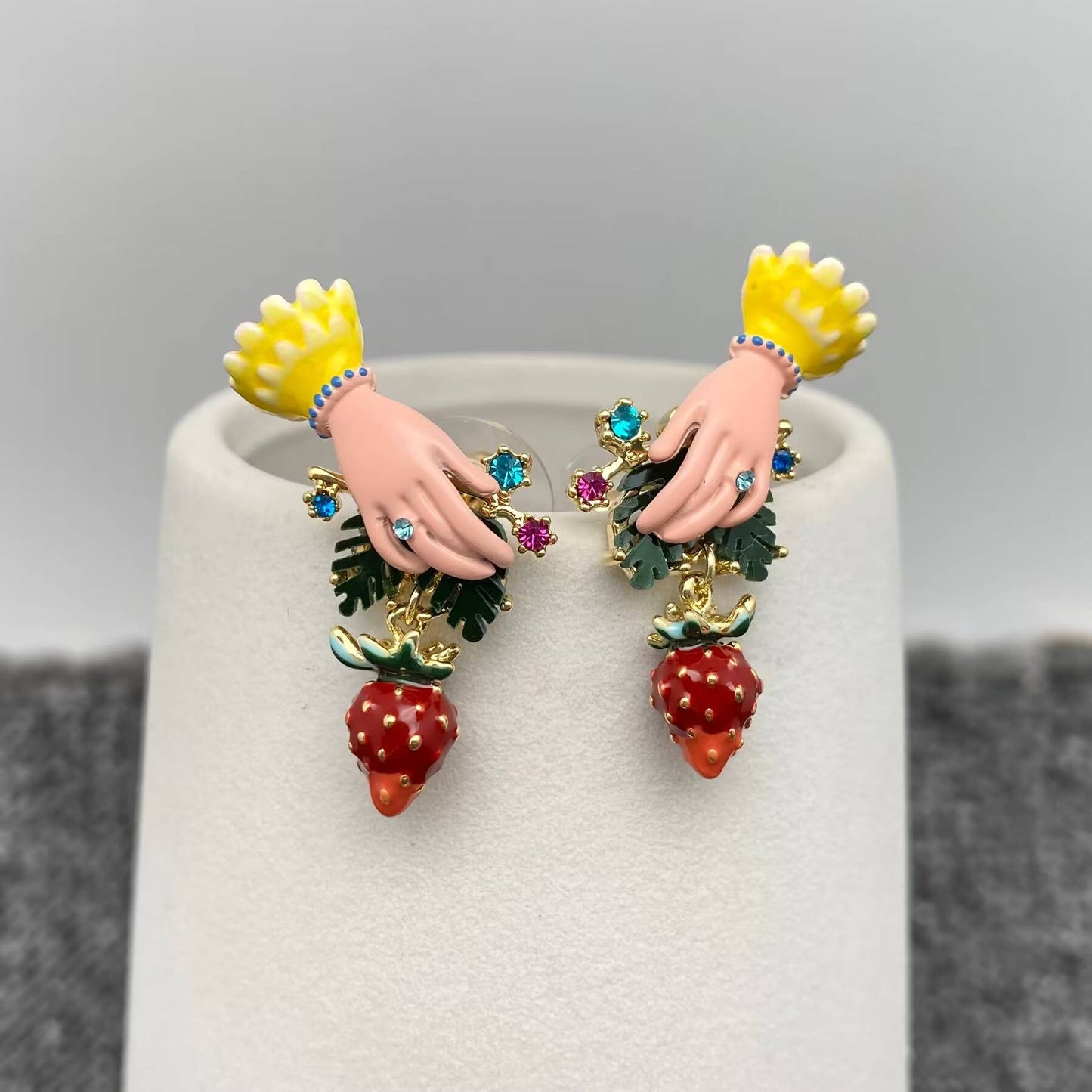Inlaid Rhinestone Enamel Hand Picking Strawberry Earrings