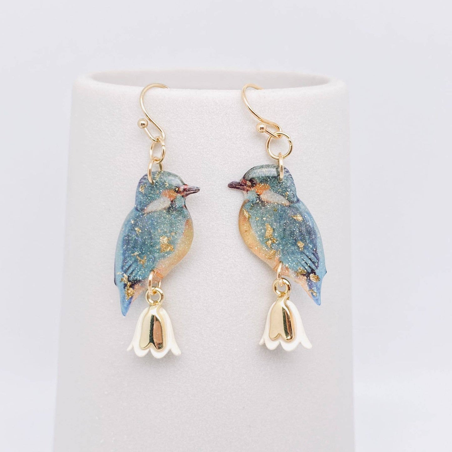 Blue Resin Birds with White and Gold Flower Earrings