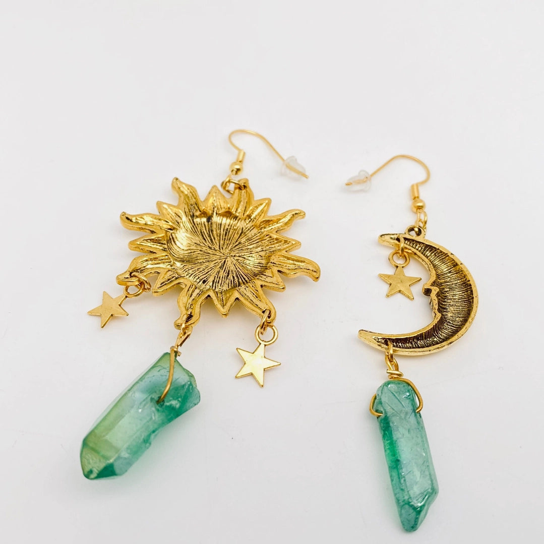 Asymmetric Sun and Moon Green Crystal Earrings