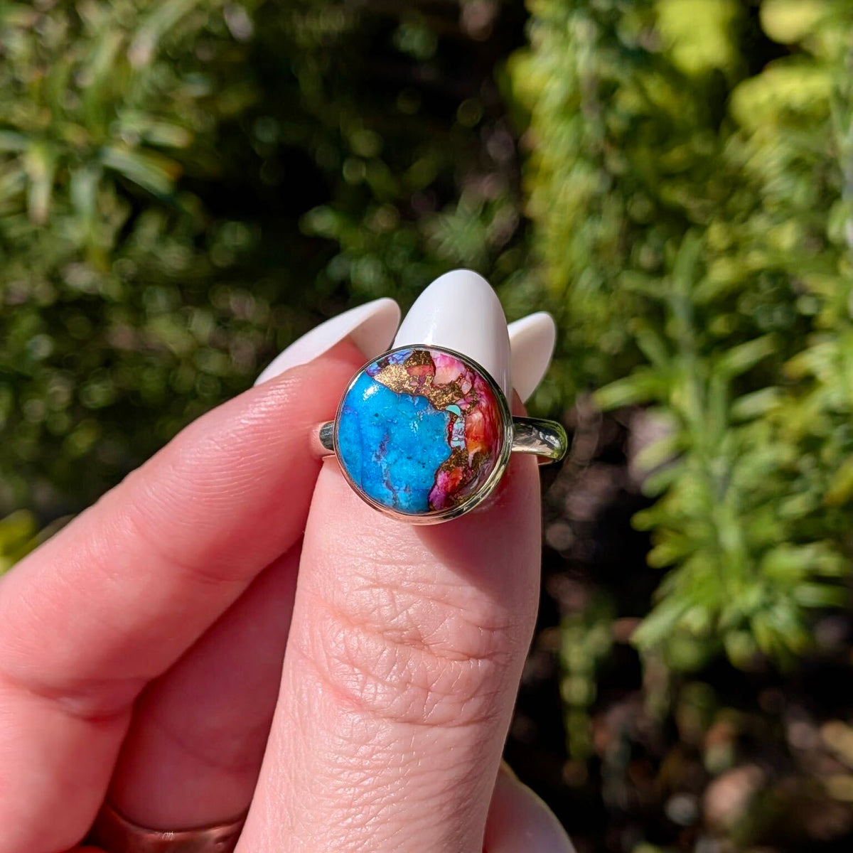 Pink dahlia turquoise sterling silver ring, detail of silver setting — Ordinary Magic, Savannah GA