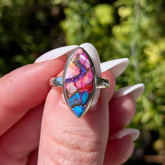 Pink dahlia turquoise sterling silver ring, soft pink stone with matrix — Ordinary Magic, Savannah GA