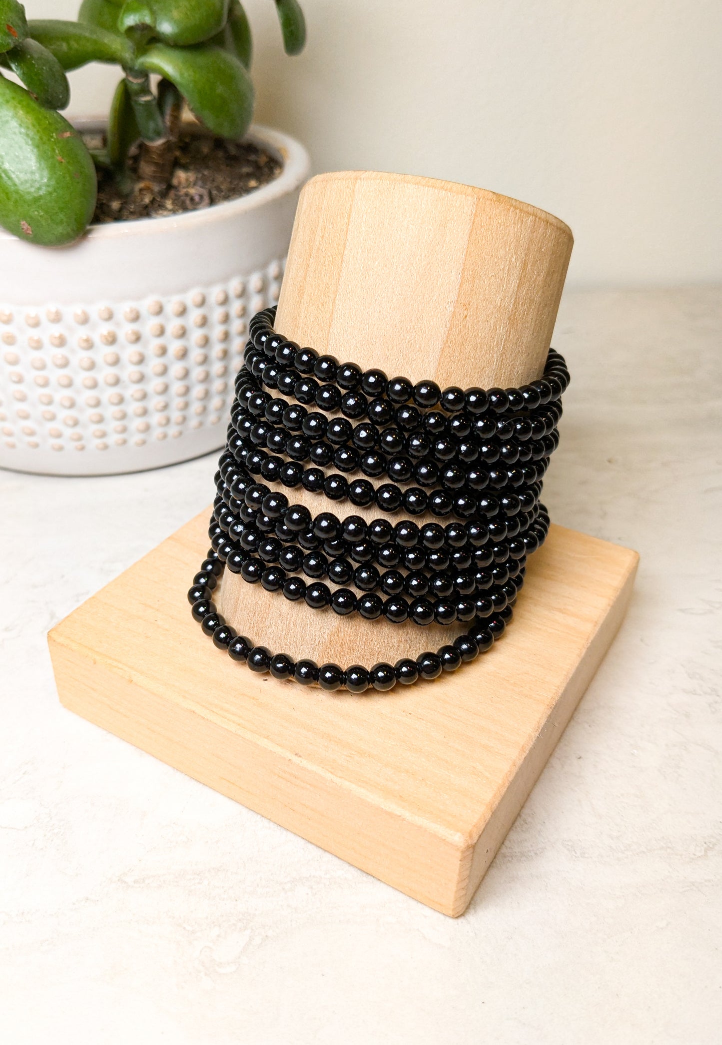 4mm Crystal Black Tourmaline Beaded Bracelet
