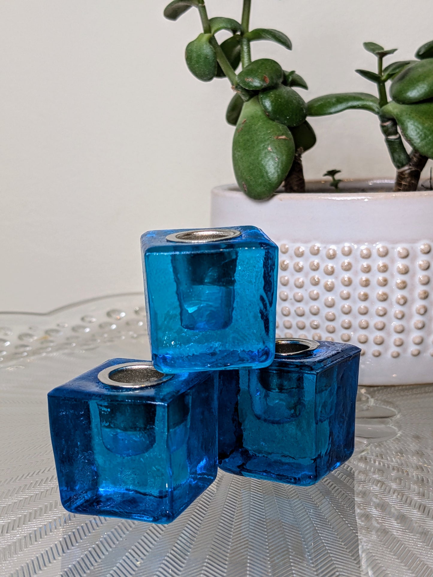 Mini Glass Candle Holder Cube Blue