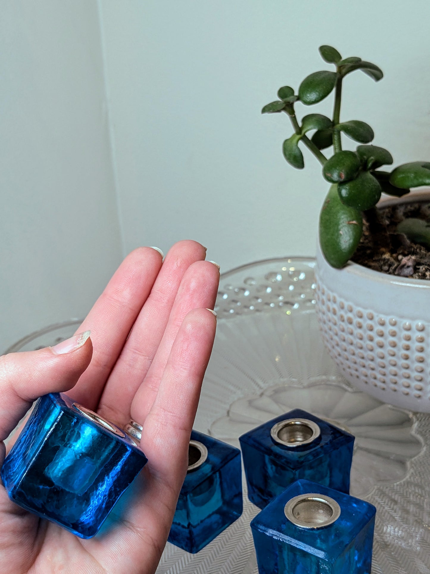 Mini Glass Candle Holder Cube Blue