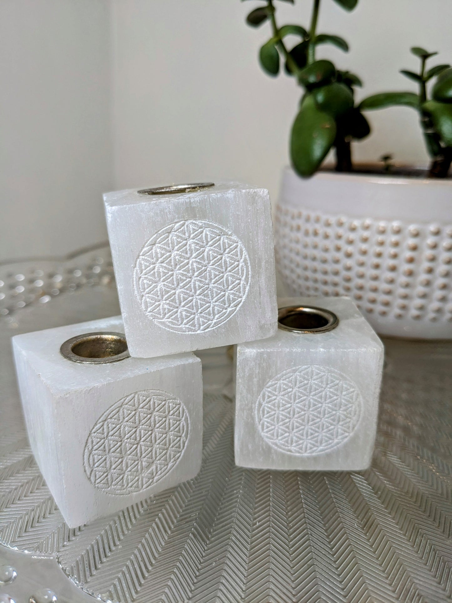 Selenite Candle Holder Cube - Flower of Life