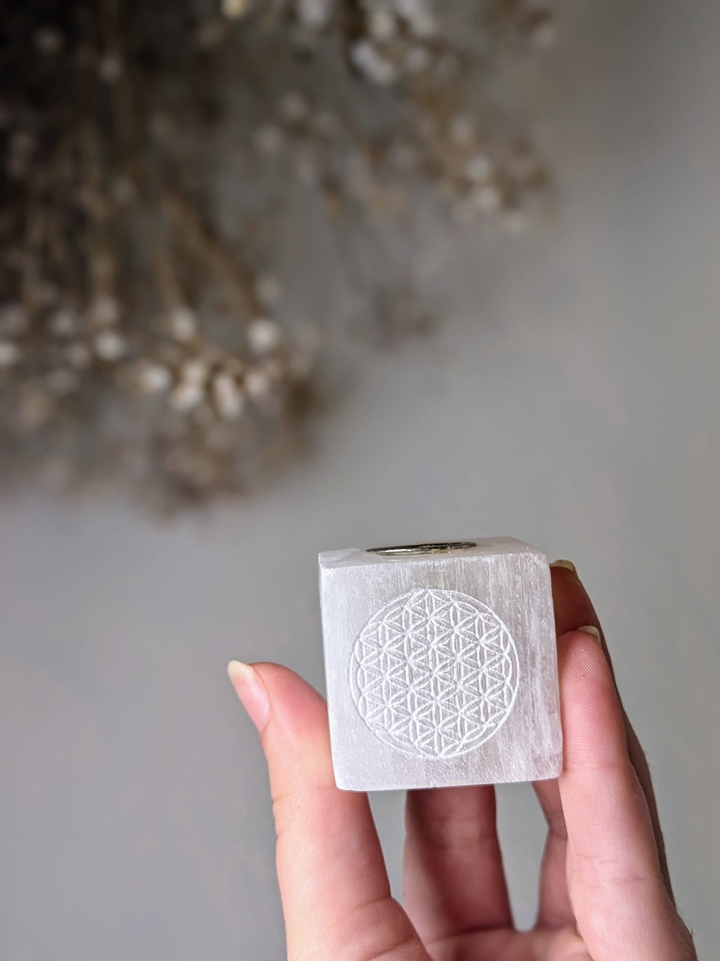 Selenite Candle Holder Cube - Flower of Life