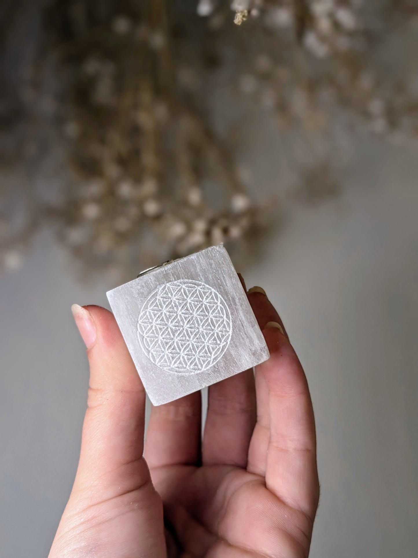 Selenite Candle Holder Cube - Flower of Life