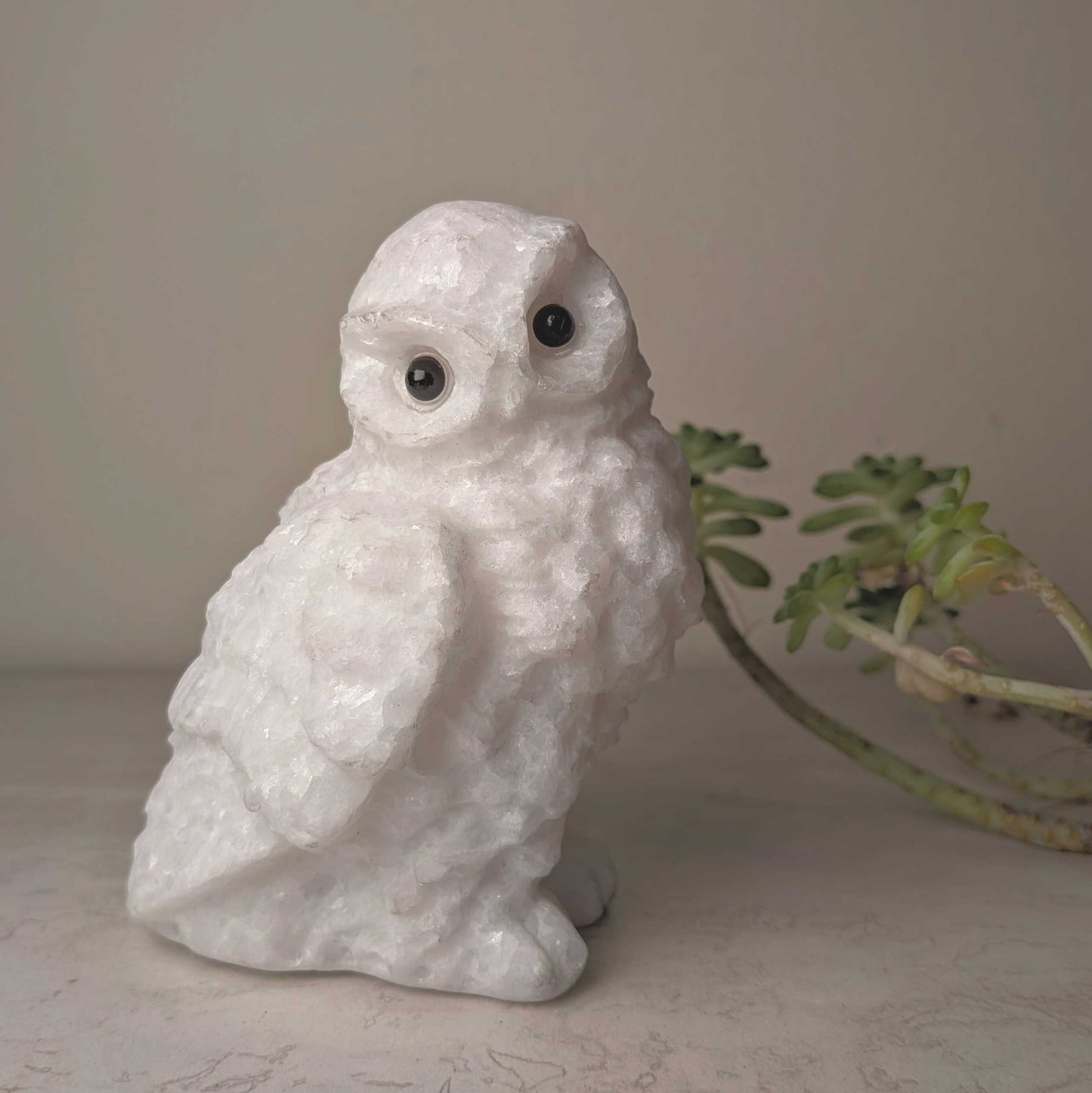 Hand-carved white marble owl with soft grey veining, at Ordinary Magic in Savannah, GA.