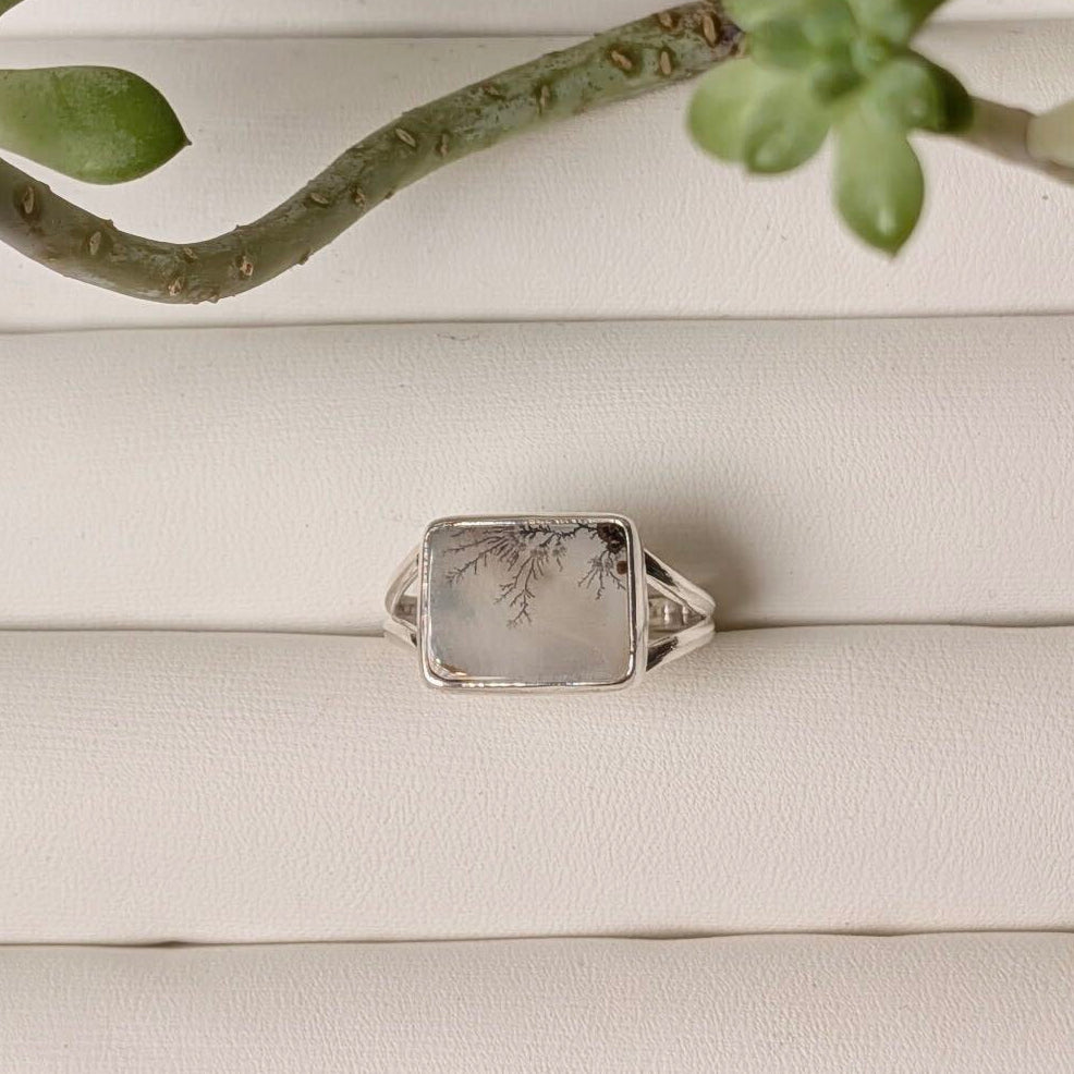 Scenic dendritic agate sterling silver ring with dark branching inclusions