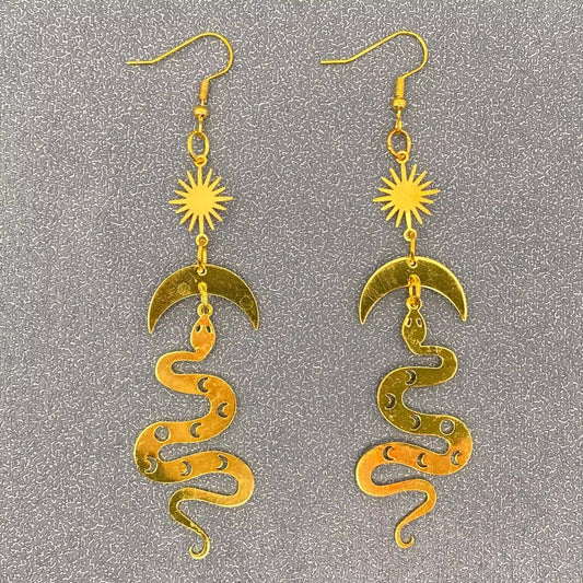 Snake Sun & Moon Gold Dangle Earrings