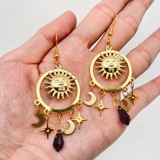 Sun Star Moon Amethyst Earrings