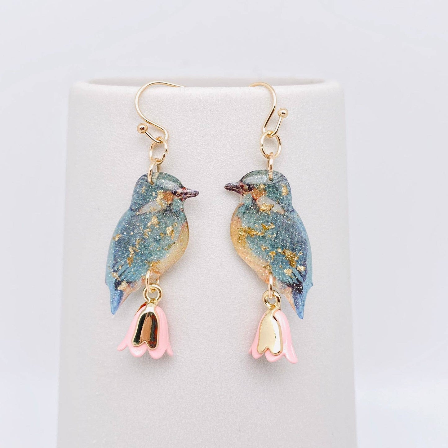 Blue Resin Birds with White and Gold Flower Earrings