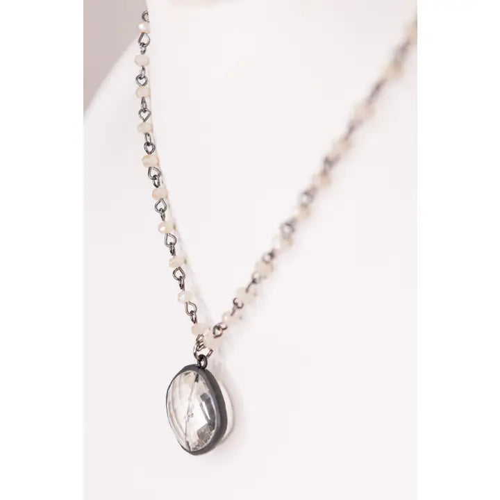 Black and Cream Beaded Necklace with Crystal Pendant
