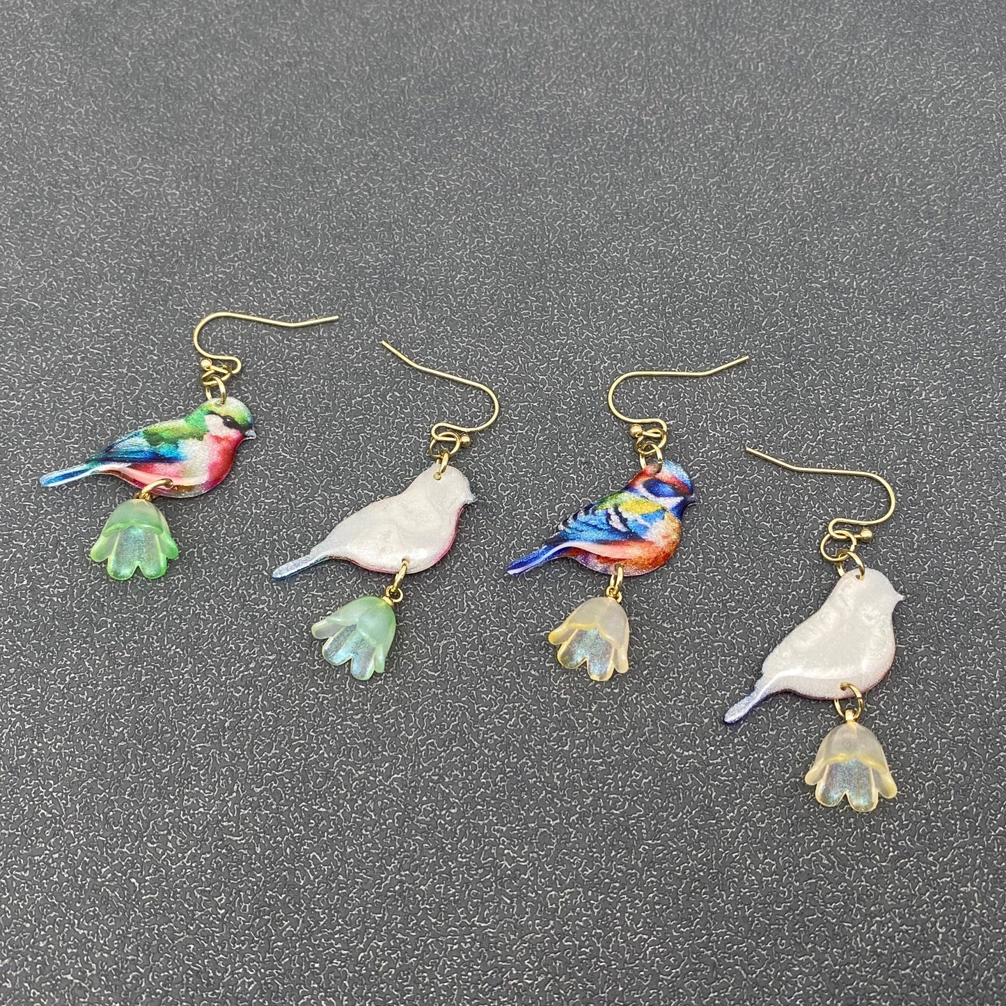 Resin Birds Picking Flowers Dangle Earrings