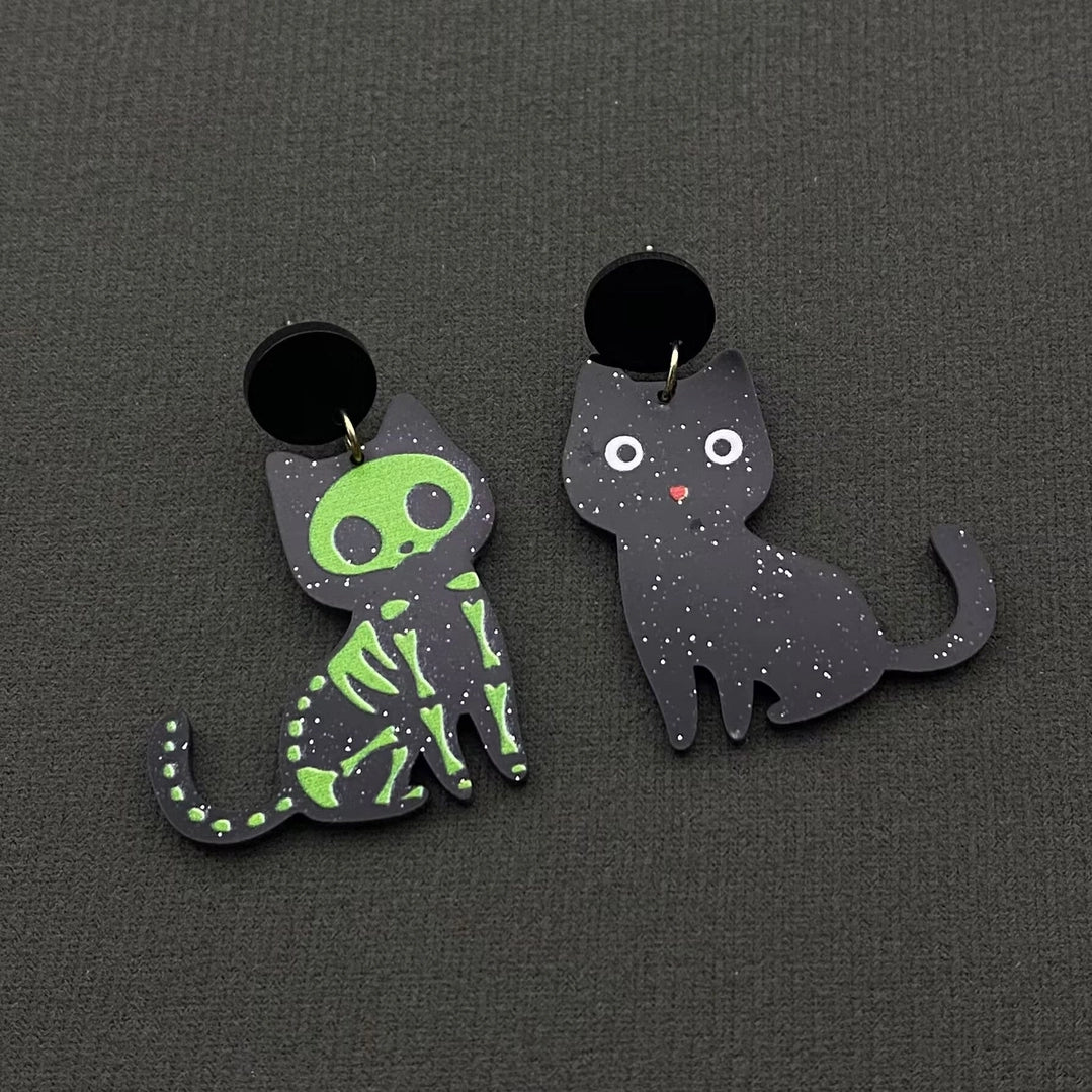 Halloween Skeleton + Black Cat Earrings