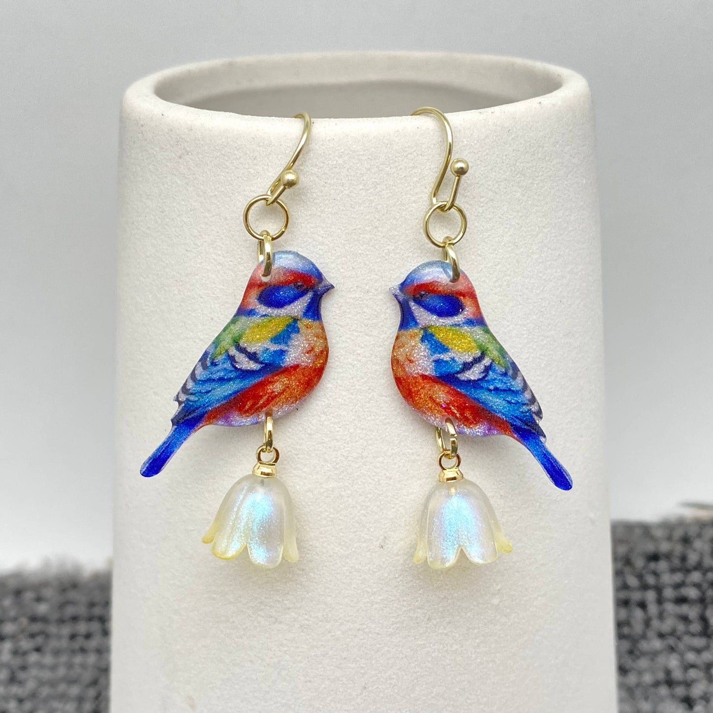 Resin Birds Picking Flowers Dangle Earrings