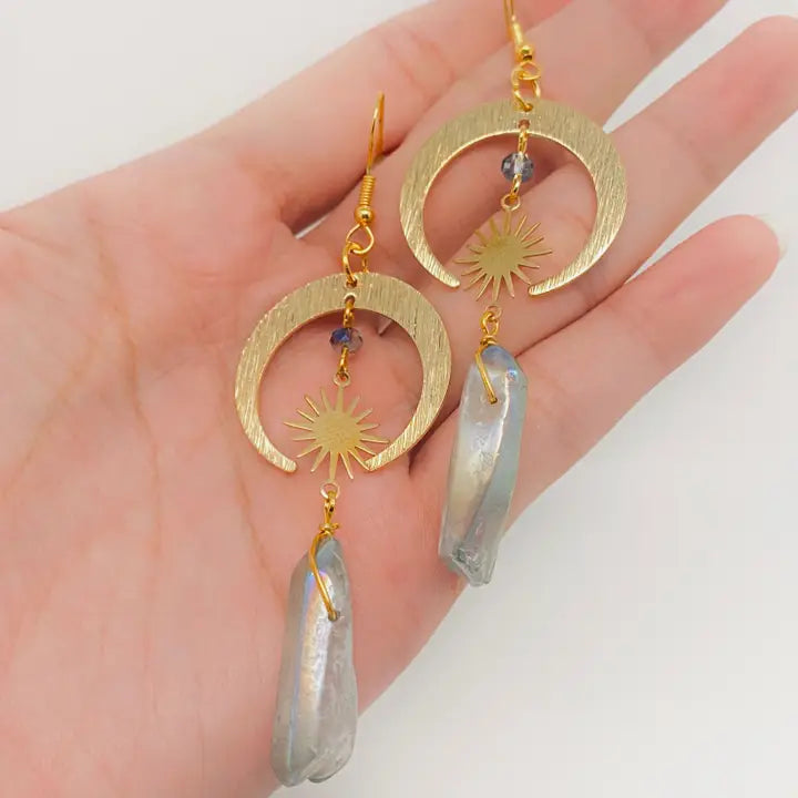 Gray Crystal Moon Stars Pendant Earrings - Bohemian Style