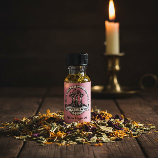Bottle of 'Moon Magic Oil' with a pink label on a white background