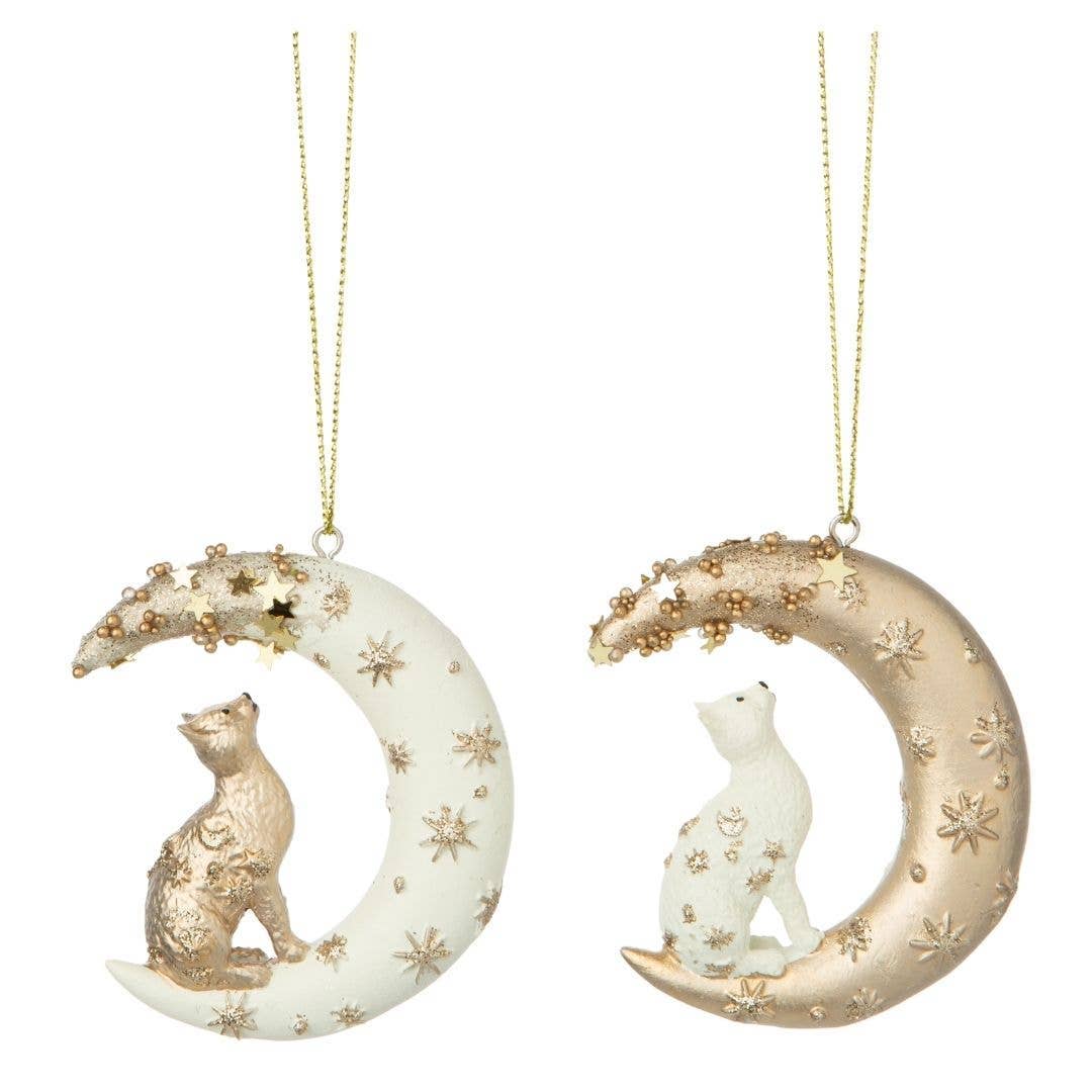 Crescent Moon Cat Ornament | Gold & Cream Resin 2.5"