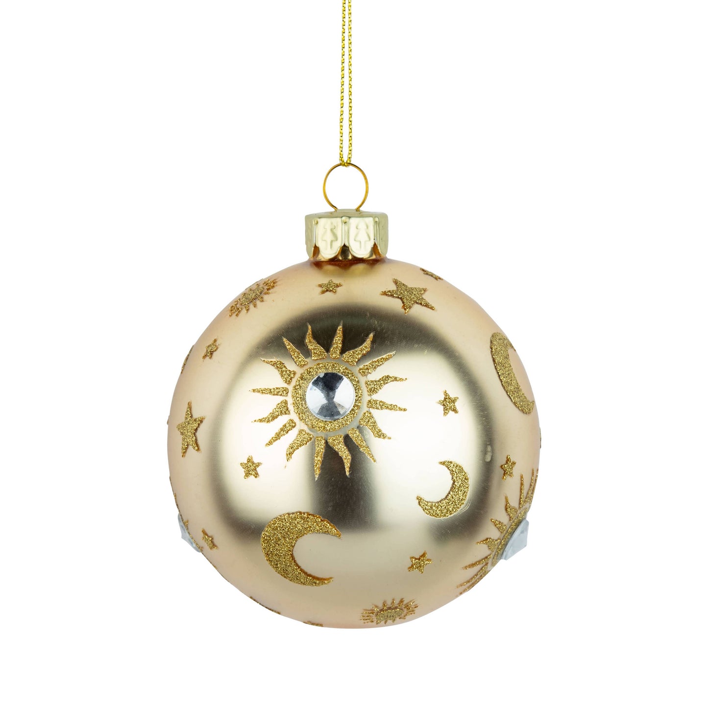 Glass Ornament with Stars and Moon – Matte Gold Celestial Design