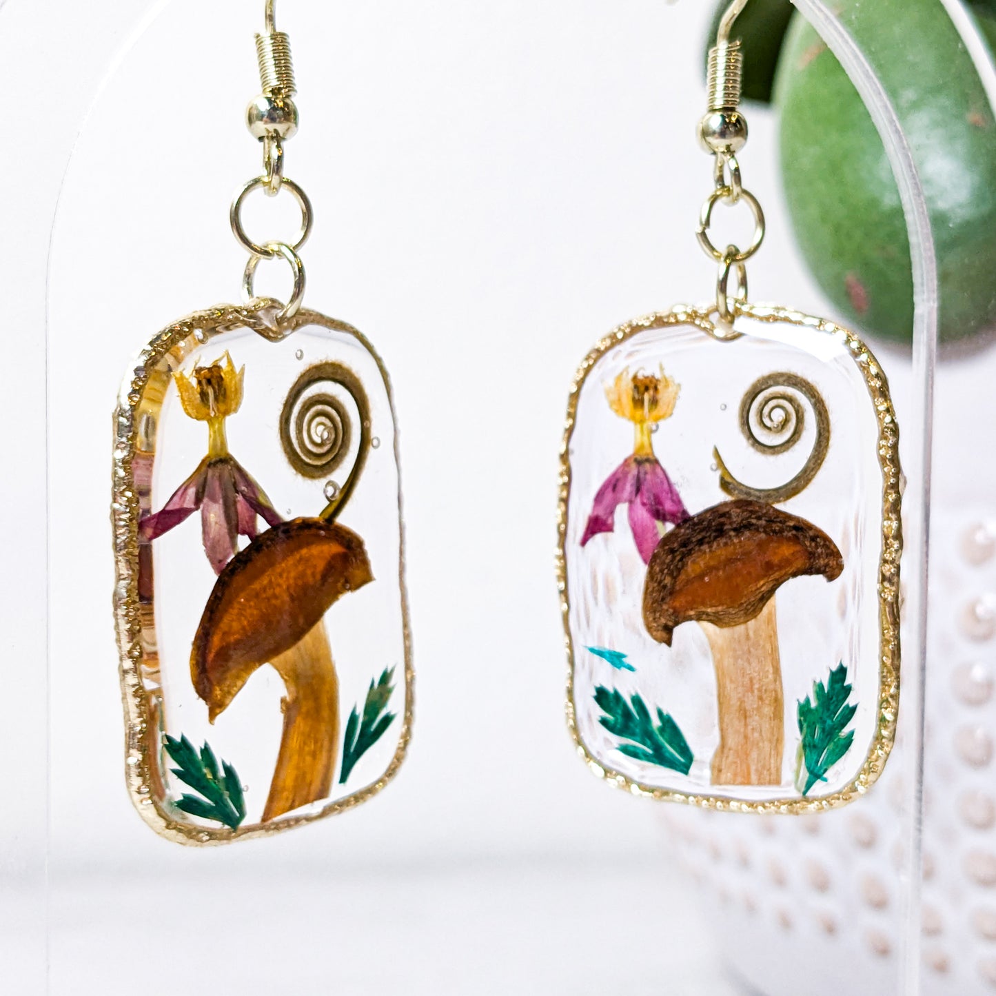 Pressed Flower and Mushroom Earrings