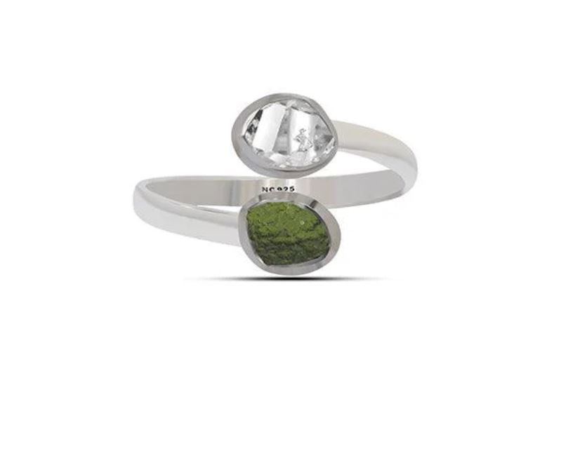 Natural Moldavite and Herkimer Diamond Ring Sterling Silver
