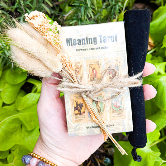 The Meaning Tarot beginner learning deck shown with its guide.