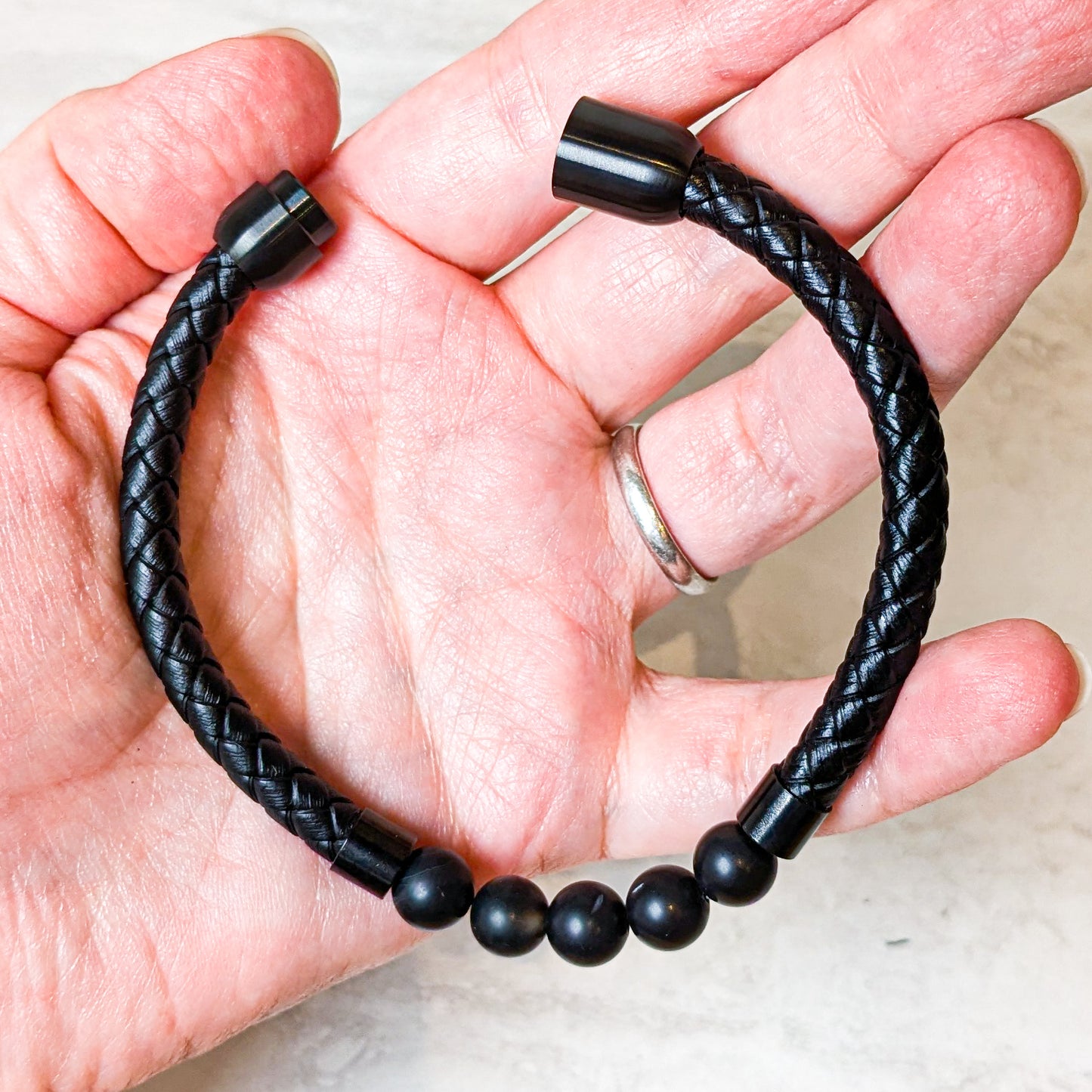 Vegan Leather Braided Bracelet with Black Onyx Beads