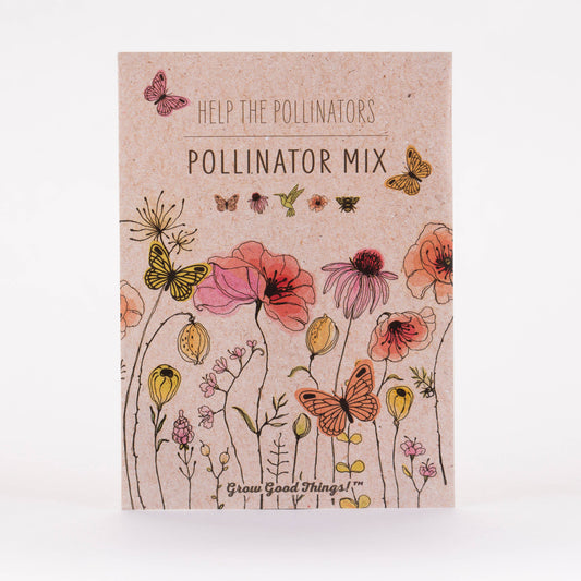 Packaging for a pollinator mix with illustrations of flowers and butterflies on a beige background.