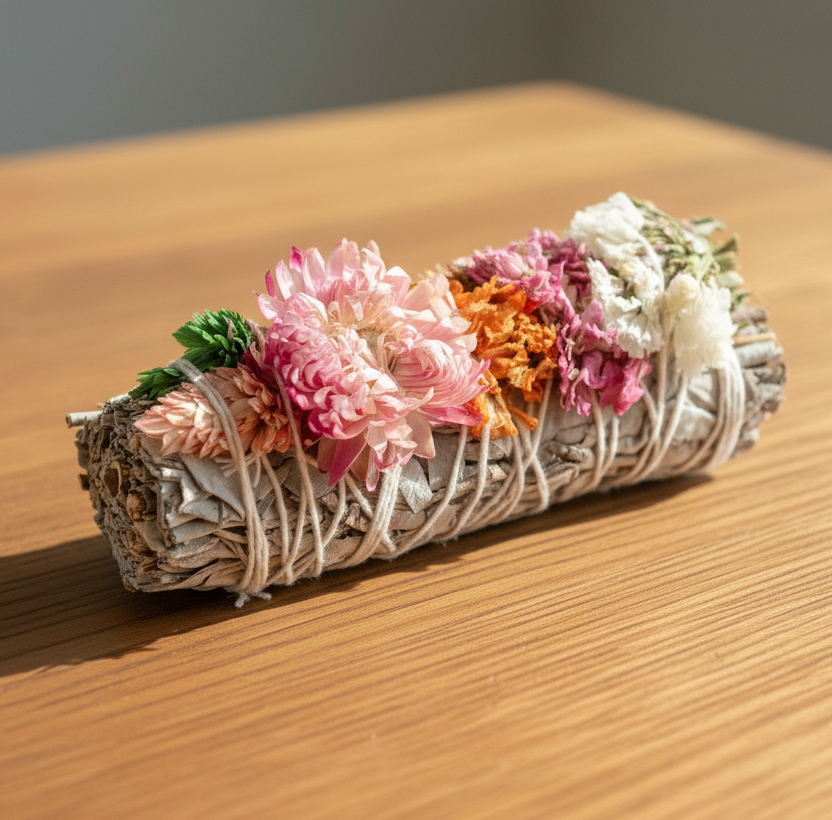 "Sherbet" White Sage + Flowers Burn Wand
