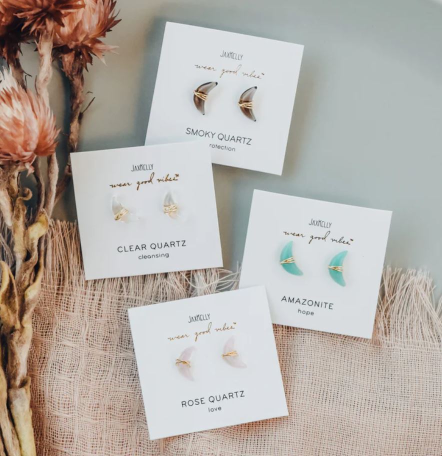 Wire Wrapped Moon Stud Earrings | Jax Kelly | Clear Quartz