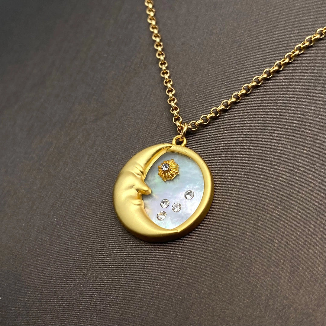 Inlaid Cz & Shell 18K Gold Plated Moon charm necklace