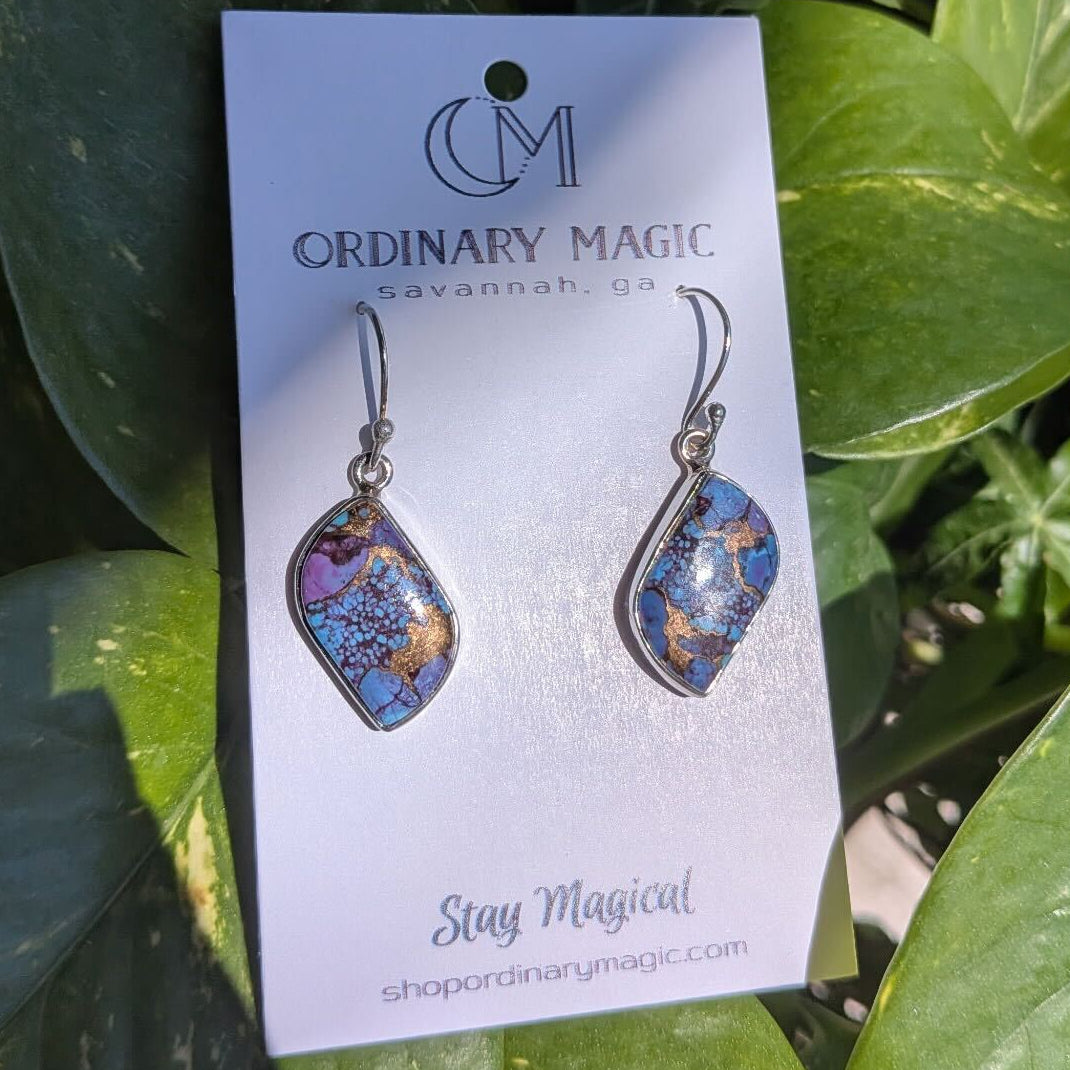 Mohave Purple, Copper, and Kingman Turquoise Spotted Sterling Silver Earrings