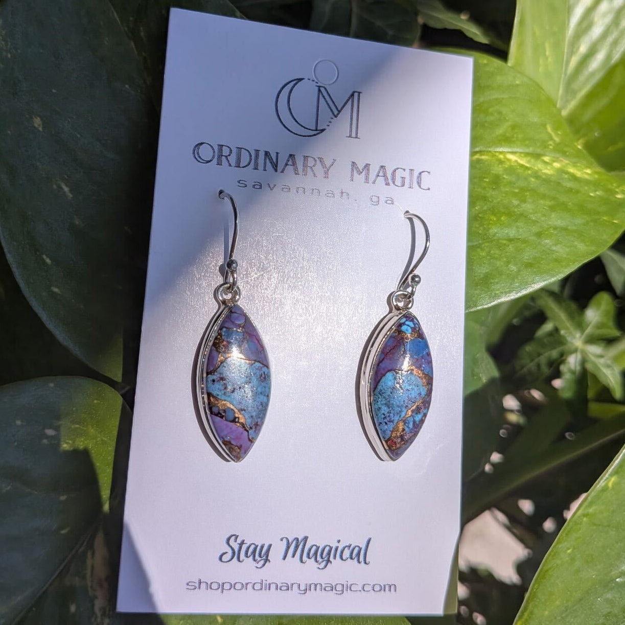 Mohave Purple, Copper, and Kingman Turquoise Spotted Sterling Silver Earrings