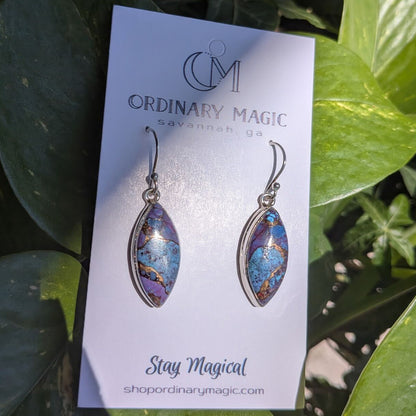 Mohave Purple, Copper, and Kingman Turquoise Spotted Sterling Silver Earrings