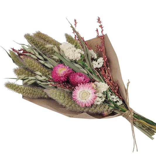 Pink Strawflowers and Grains Petite Bouquet | Dried Flowers