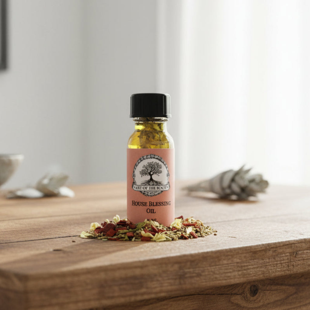 A bottle labeled 'MONEY DRAWING OIL' from Art of the Root, surrounded by various herbs and resins used in traditional rituals.