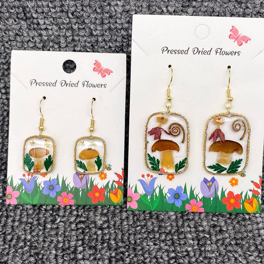 Pressed Mushroom and Flower Charm Dangle Earrings