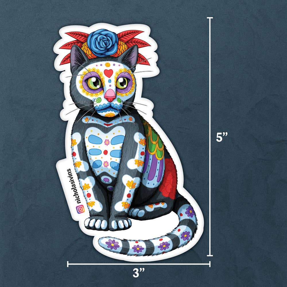 Day of the Dead Grey Cat Sticker - "Lucy"