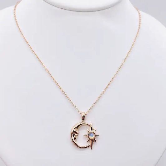 Hollow Star Moon Inlaid Opal Gold Necklace