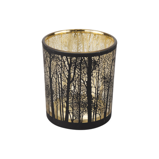 Winter Scene Glass Candle Holder Table Piece | Clear Glass with Black Rim & Tree Design 4"