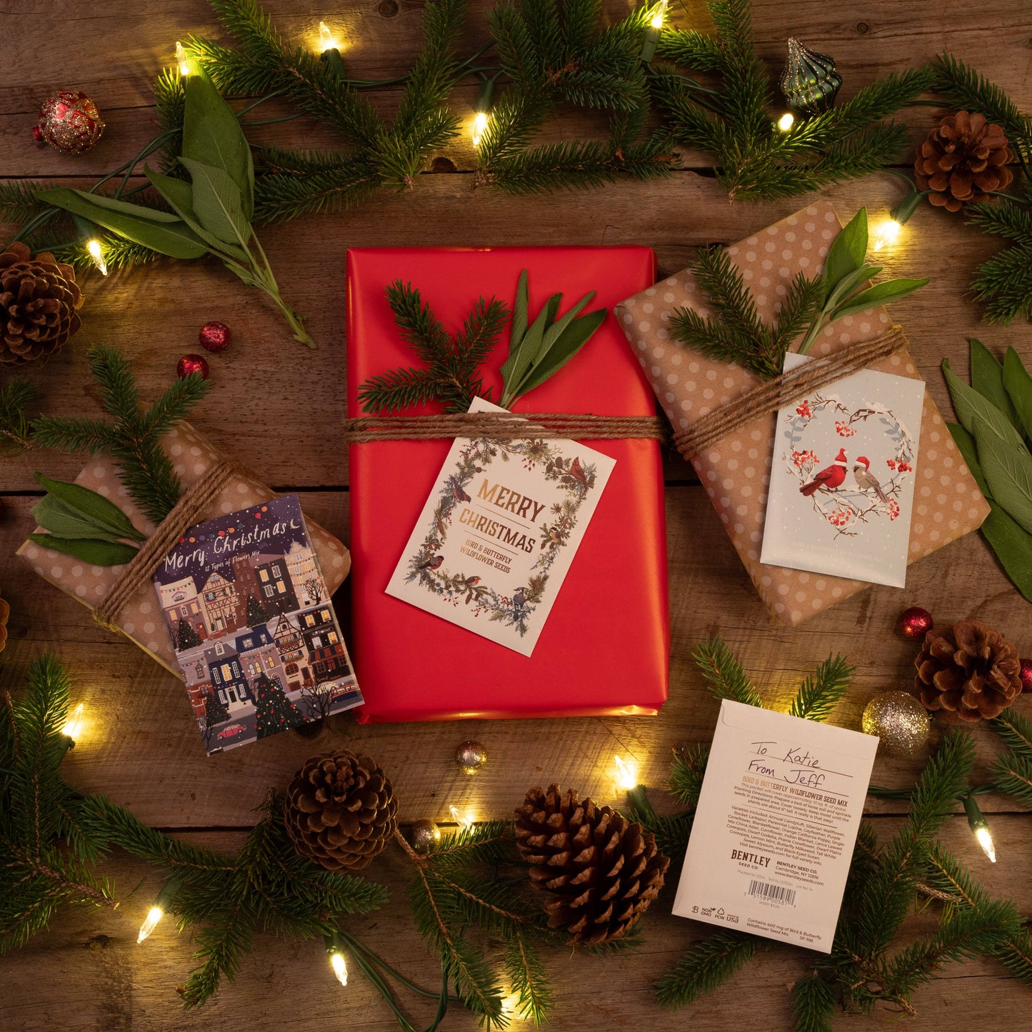 Merry Christmas Wreath of Birds Gift Tag - Bird & Butterfly Wildflower Seed Pack