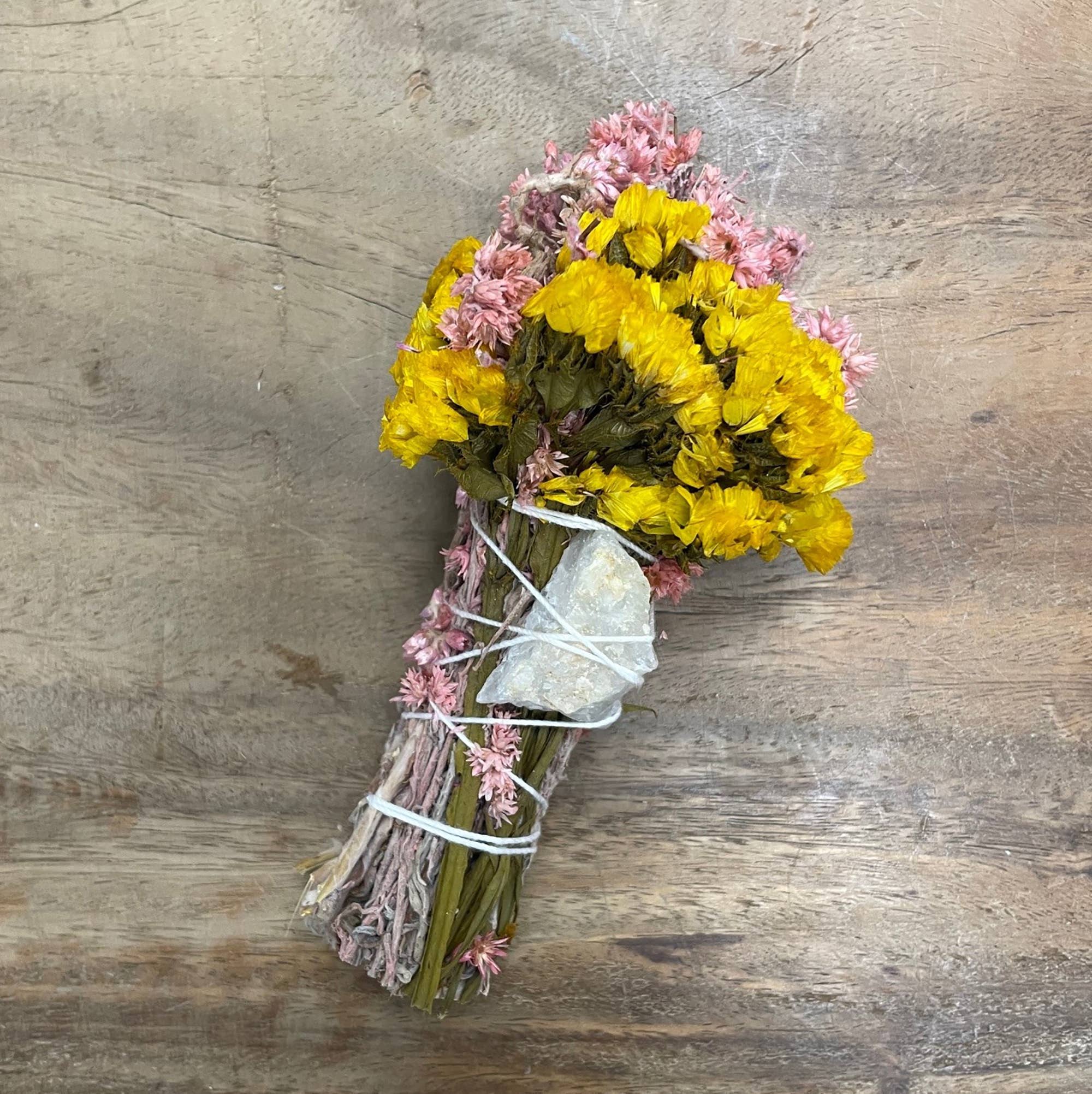 6" Yellow & Pink Floral Burn Wand with Quartz Crystal
