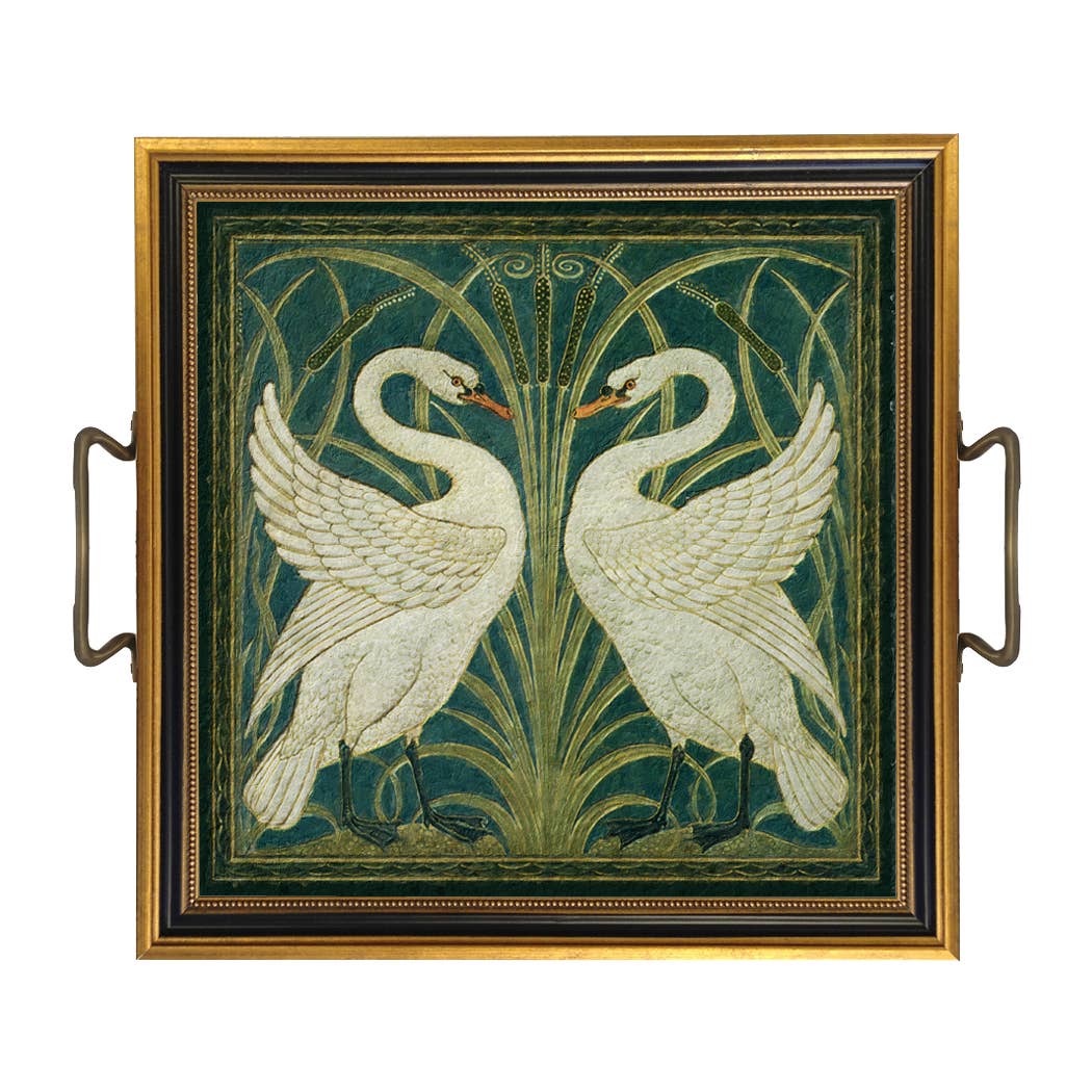 Two White Swans Decorative Tray with Brass Handles: Large