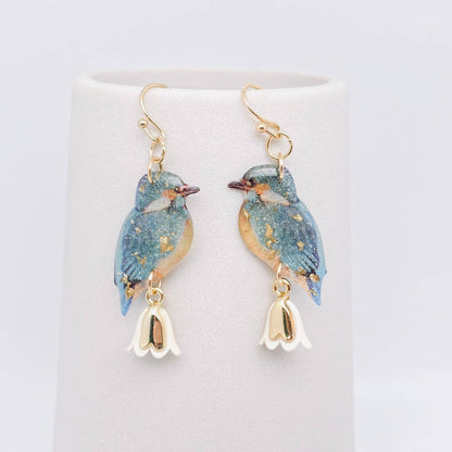 Blue Resin Birds with White and Gold Flower Earrings